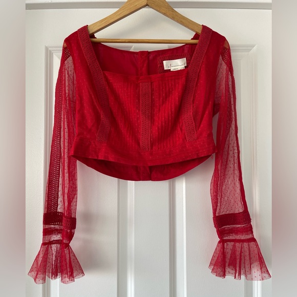 NWT Anthropologie Dotted Tulle Crop Long Sleeve Blouse Red 8P - Picture 2 of 10